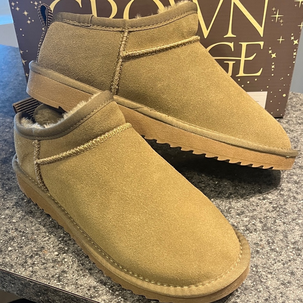 Olive Leather Suede Ugg Boots Ankle Mini Micro Bootie Slip On Shoe Faux Fur Chic